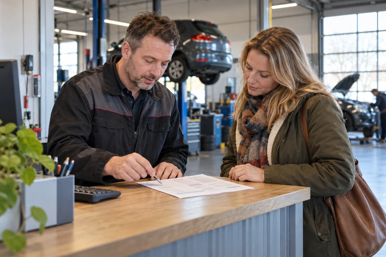 Een keurmeester en een automobilist bekijken samen een geprint keuringsrapport aan de balie van een garage.