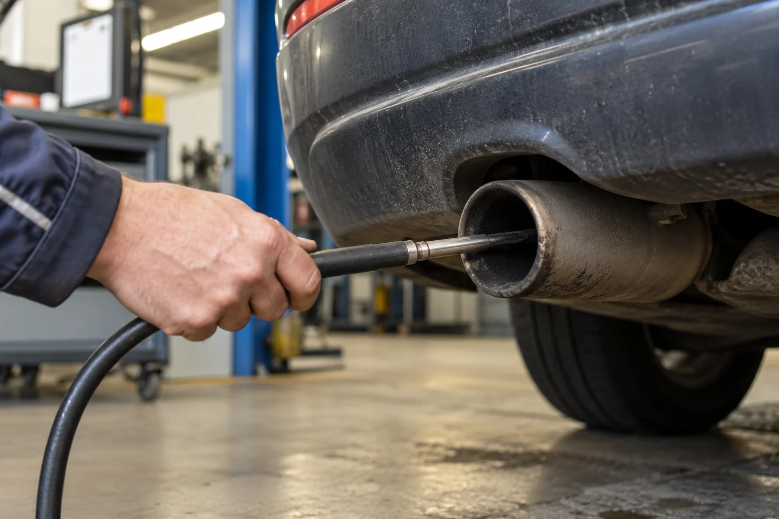 Een meetsonde met slang zit in de uitlaat van een dieselauto in een werkplaats.