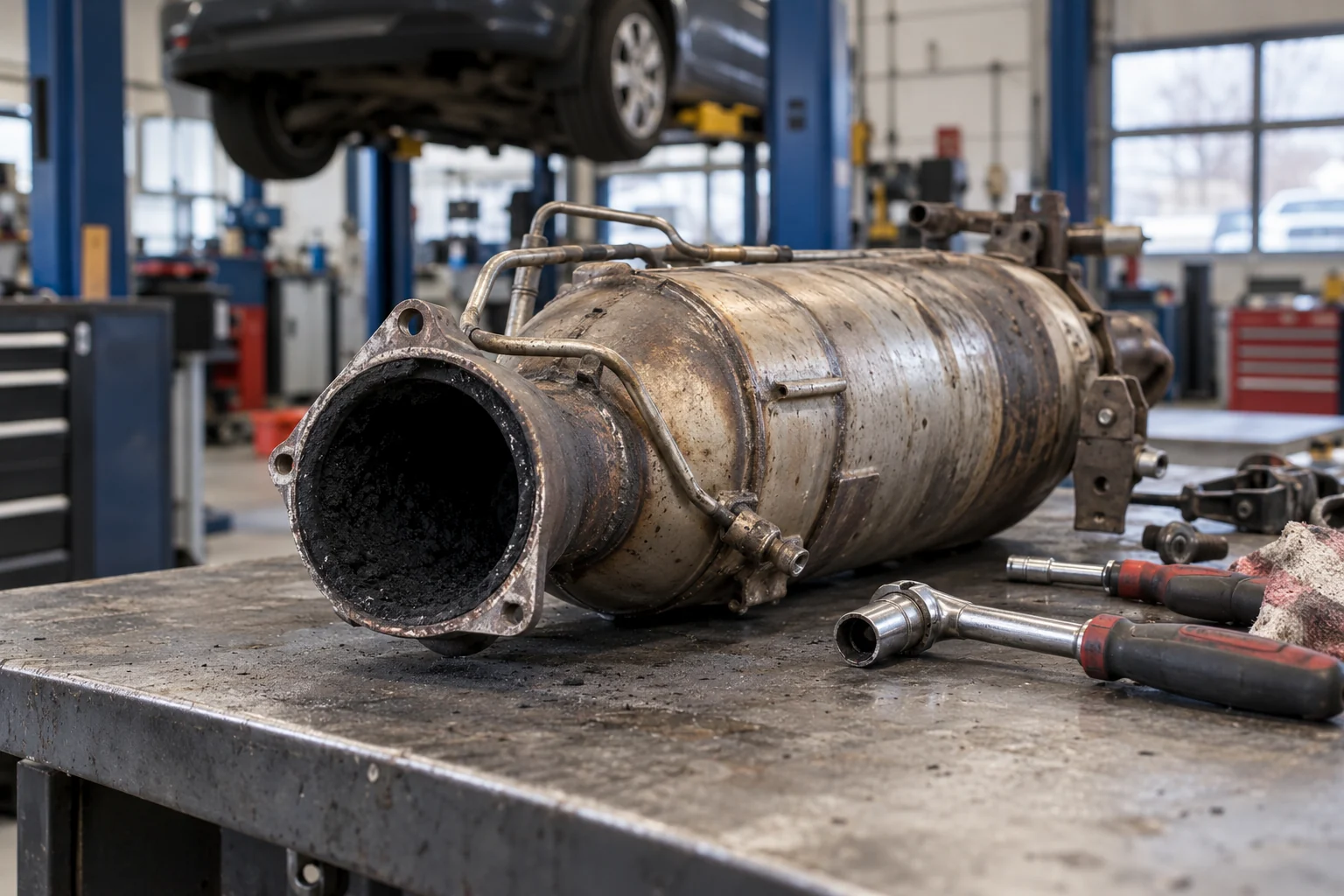 Een gedemonteerd roetfilter ligt op een werkbank in een garage.